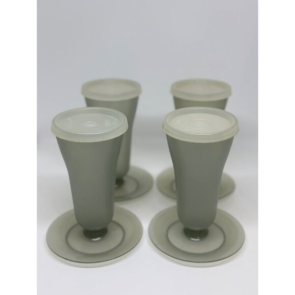 Vintage Tupperware Dessert Parfait with Lid & Saucer Smokey Gray set of 4 USA - Picture 1 of 7